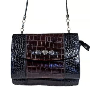 Brighton Leather Crossbody Organizer Croc Embossed Bag/Wallet Black/Brown